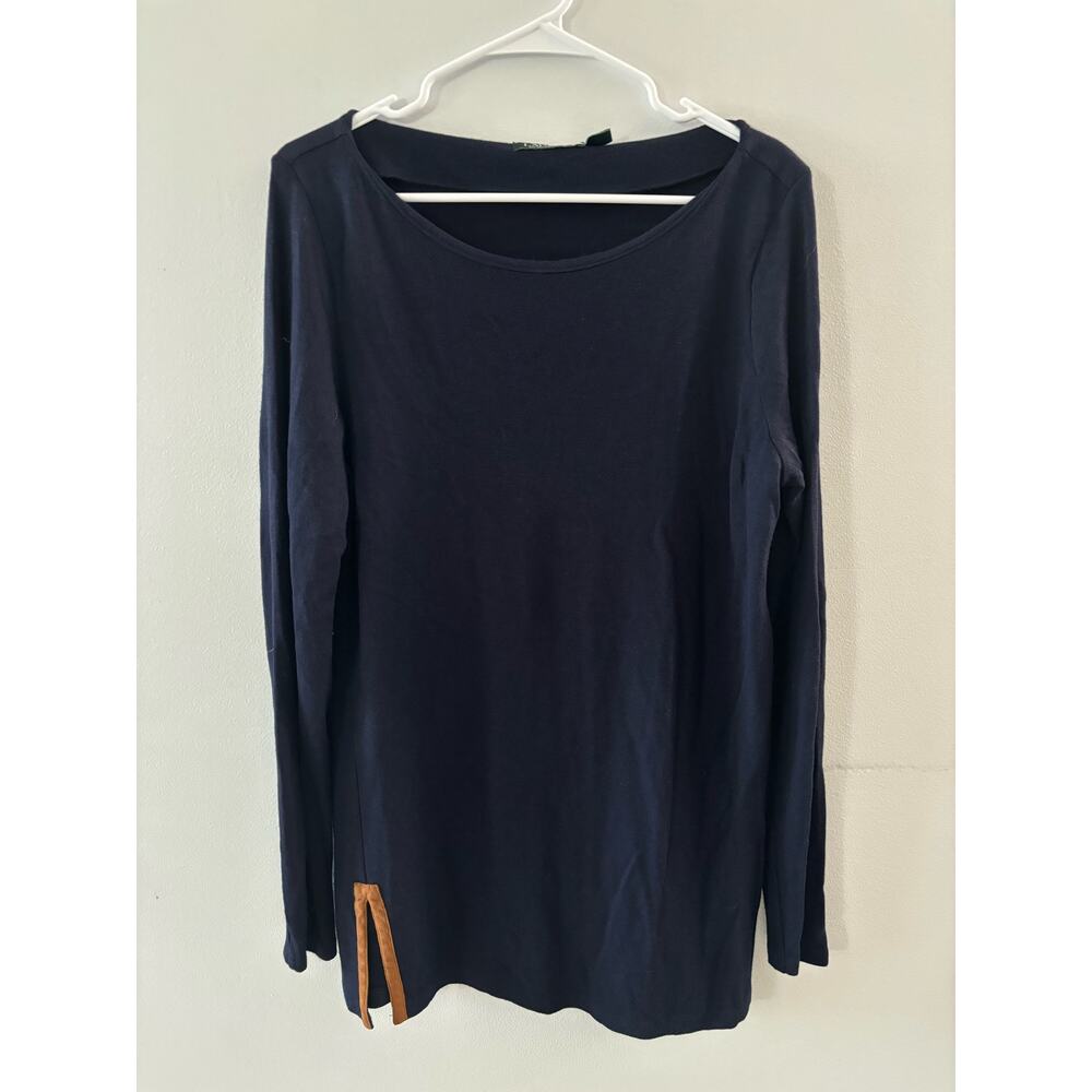 Lauren Ralph Lauren Top Women's Large Navy Blue Tunic Viscose Wool Scoop Neck